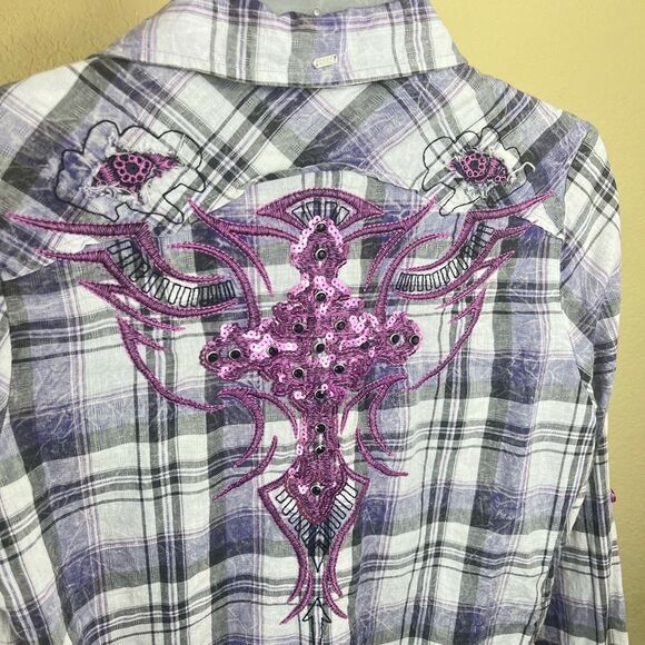 Roar Western embroidered shirt with sequined cross on the back purple size Small - Picture 6 of 7